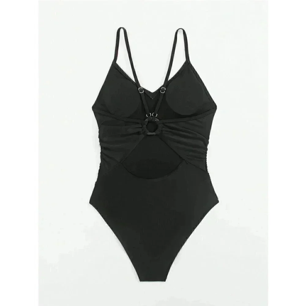 Classic Cut Out Ring Linked One Piece Swimsuit black